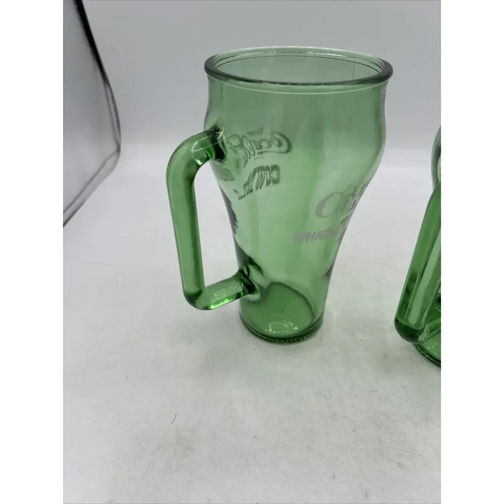 2 Vintage 1980's Coca-Cola Cowboy Whataburger Green Glass Handled Mugs